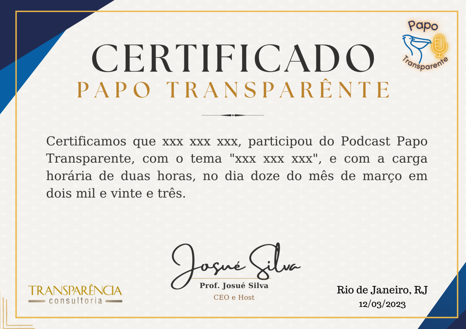 Modelo do certificado de participação